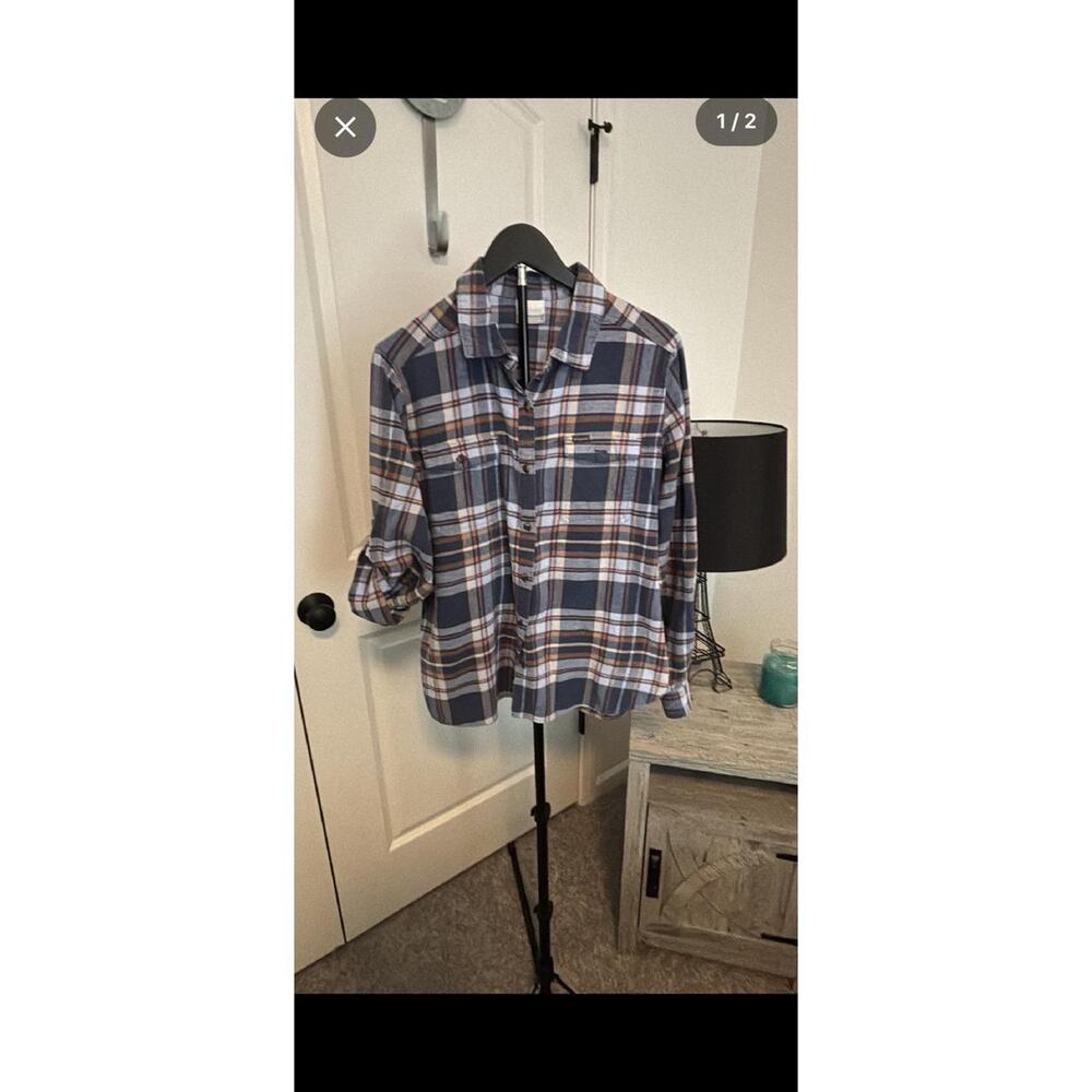 Columbia Plaid Long Sleeve Flannel Shirt Mens Size XL Blue Orange Casual Outdoor